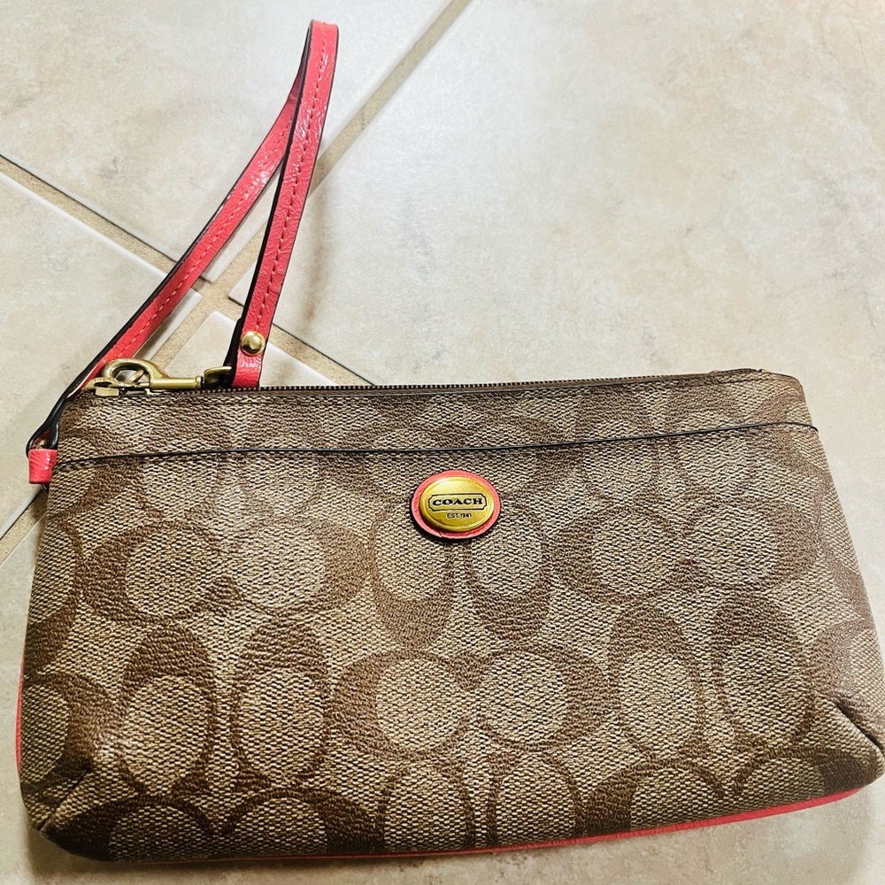 Coach Signature Brown Wristlet with Red Trim